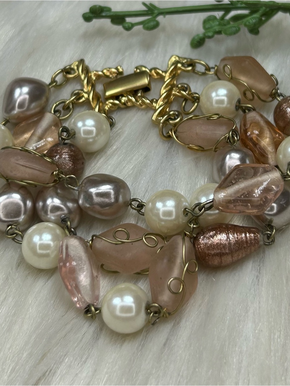 Vintage Sea glass faux pearl three strand bracelet